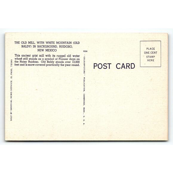 Old Grist Water Mill Wheel Ruidoso New Mexico Postcard Linen Old Baldy Mountains - Picture 2 of 2